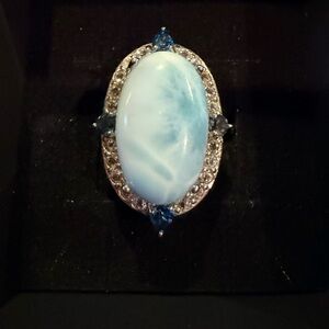 Larimar Oval Cabochon Halo Ring – Sterling Silver – Size 6